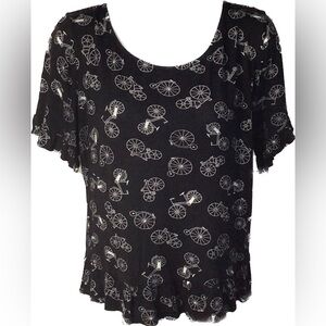Bicycle Print Top XL Super Cute Vintage Look Ruffle Edge Blouse Silky Smooth
